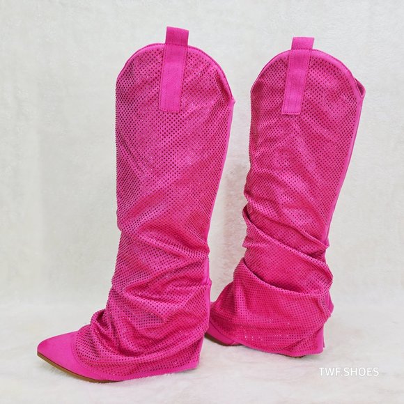 Country Twist Fuchsia Draped Rhinestone Fold Over Western Cowgirl Boots - Picture 3 of 13